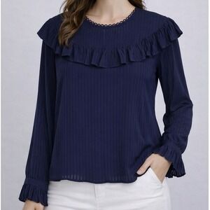 dRA Los Angeles Ruffle Blouse Size Medium Navy Blue Long Sleeve Romantic Chic